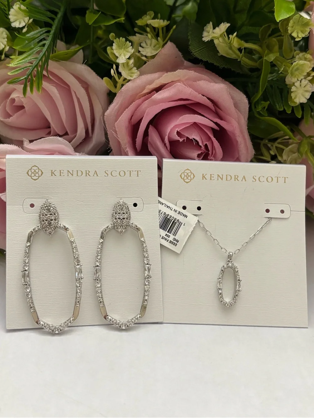 NWT Kendra Scott set of Essie Open Frame Earrings + necklace in silver White CZ